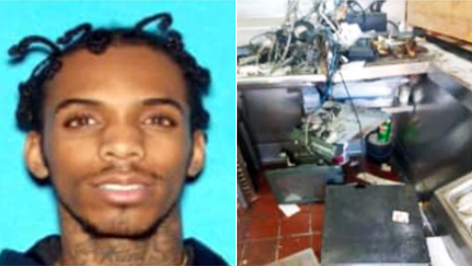 Mugshot for Terion Alexander Jr., 21. Photo shows Wienerschnitzel restaurant after it was damaged by looters. (San Bernardino Police Department)
