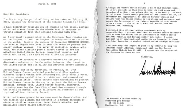 Trump formally notifies Congress of Iran military strikes