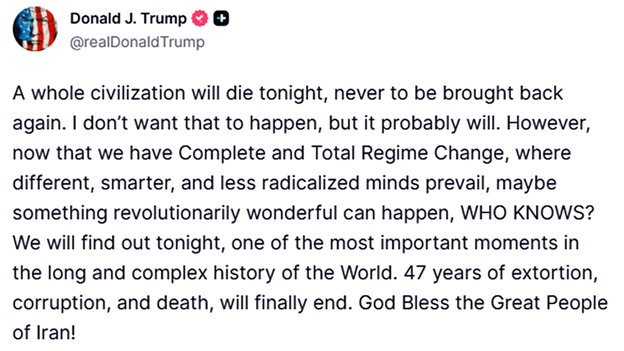 Trump warns Iran: 'A whole civilization will die tonight' if a deal isn't made