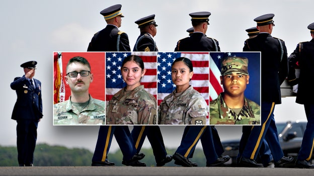 From left: 1st Lt. Tyler James Feehan, 25, of Hawaii; Pfc. Isabella Gonzales, 19, of Texas; Sgt. Angel S. Rampersad, 28, of Ozone Park, New York; and Sgt. Michael Emmanuel Swinton, 30, of Fayetteville, North Carolina. (U.S. Army Space and Missile Defense Command; U.S. Army; AP Photo/Julia Demaree Nikhinson)