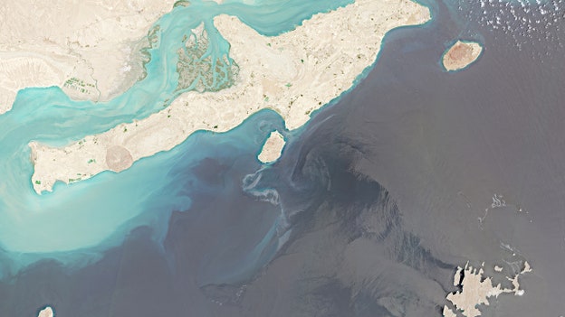 Qeshm Island is located in the Strait of Hormuz. (European Union/Copernicus Sentinel-2/Reuters)