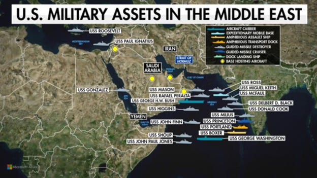 Map shows US naval deployment split between Arabian Sea and Indian Ocean