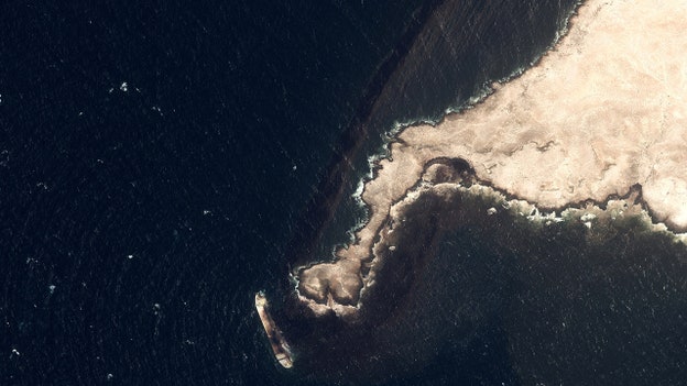 A satellite image shows the damaged vessel Caroline Bezengi at sea off the coast of Oman on Aug. 13, 2026. (Pléiades Neo © Airbus DS 2026/Reuters)