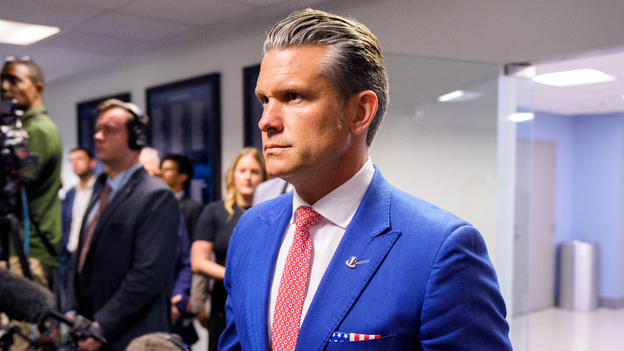 Secretary of War Pete Hegseth arrives for an event to honor Marines who were serving during the 2021 Abbey Gate bombing at the Pentagon on Aug. 26, 2026 in Arlington, Virginia. (Photo by Andrew Harnik/Getty Images)