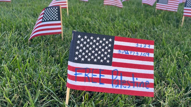 An American flag marked with the words “FREE Palestine” is seen among a 9/11 memorial display at California State University, Stanislaus, on Sept. 11, 2026. The Young America’s Foundation said 2,977 flags were placed on campus to honor each person killed in the Sept. 11, 2001, terrorist attacks. (Courtesy YAF)