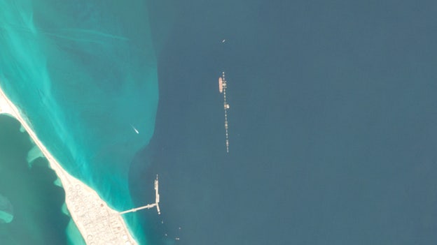 A satellite image appears to show a tanker next to a floating structure off the coast of Ras Tanura, Saudi Arabia, on Sunday, Sept. 20, 2026. (EUROPEAN UNION/COPERNICUS SENTINEL-2/Handout via Reuters)
