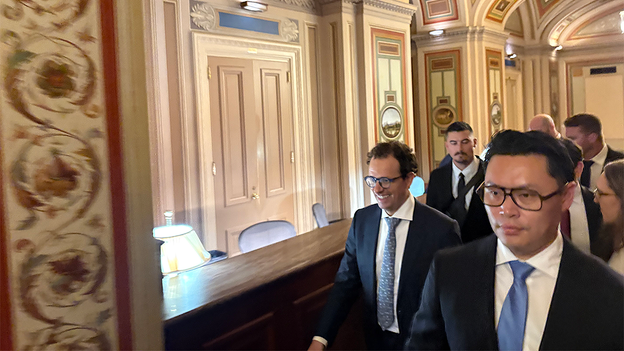 Anthropic CEO Dario Amodei enters the Capitol without answering reporters’ questions. (Credit: Wyatt Dobrovich-Fago)