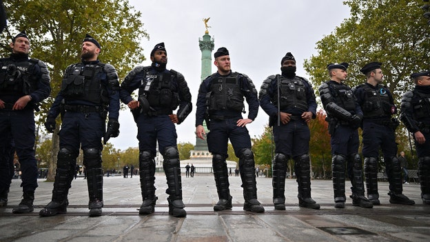 Police are seen in Paris, France, on Saturday, Oct. 24, 2026, as the main protest march in the city is getting underway. (Lena Pontrucher/Abaca for Fox News Digital)