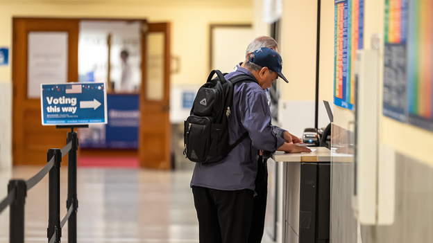 A voter marks a ballot during early voting ahead of the midterm election at San Francisco County's election operations facility at City Hall in San Francisco, California, US, on Thursday, Oct. 8, 2026. (David Paul Morris/Bloomberg via Getty Images)
