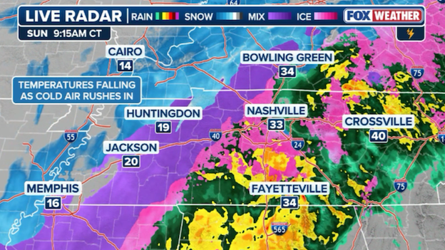 Frigid air rushing in toward Nashville, Tennessee right now