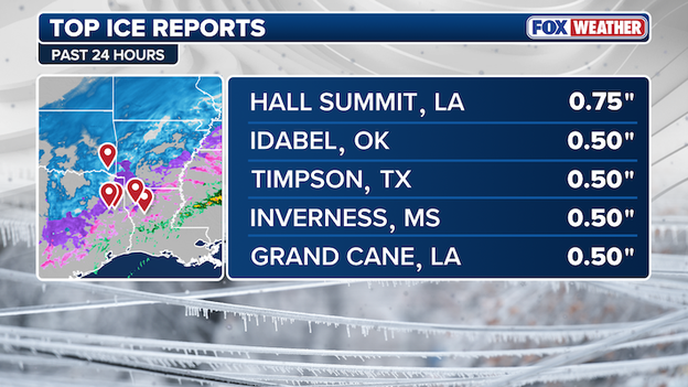 NEW ice report: Hall Summit, LA records 0.75 inches of ice accretion
