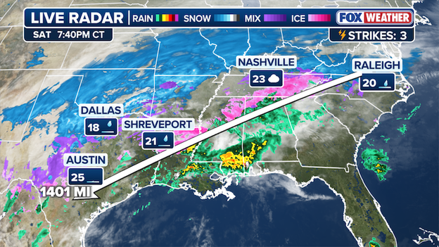 Freezing rain happening across a 1,400-mile swath from Texas to North Carolina