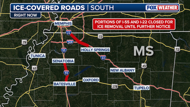 Portions of two major highways in Mississippi closed for ice removal work