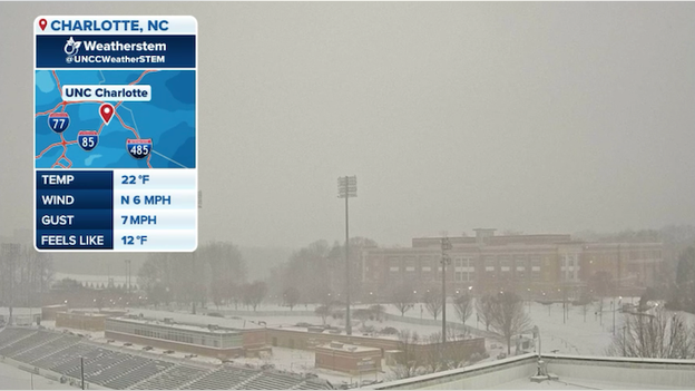Snow coats the University of North Carolina-Chapel Hill campus