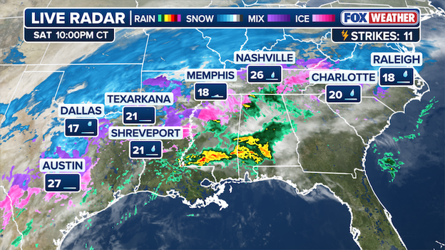 Freezing rain reported from Austin to Raleigh on Saturday