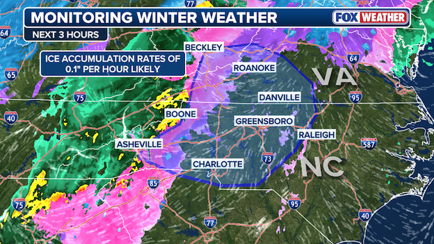 Dangerous ice building up in North Carolina and Virginia
