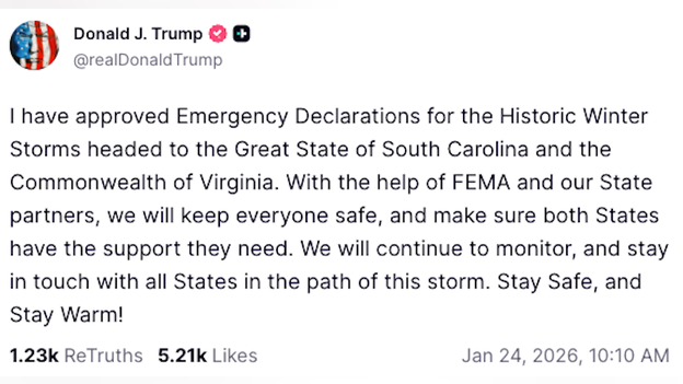 President Trump approves emergency declarations for Virginia & South Carolina