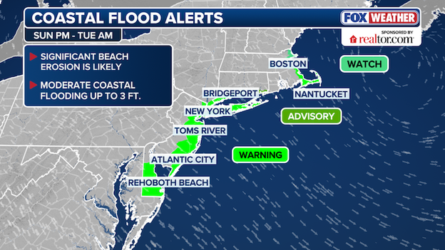 Coastal flood warnings extended along East Coast and include New York City