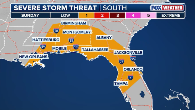 Sunday severe storm threat shifts into Florida, Georgia and Alabama