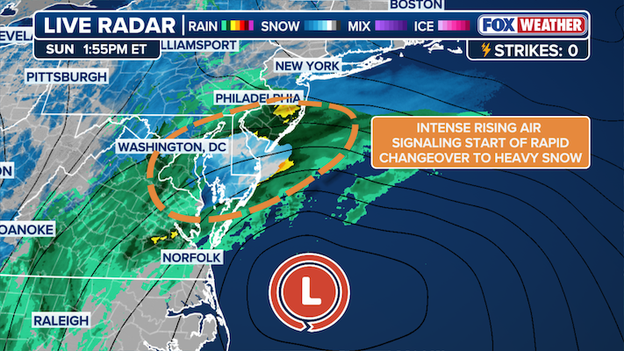 Radar signals start of rapid changeover to heavy snow