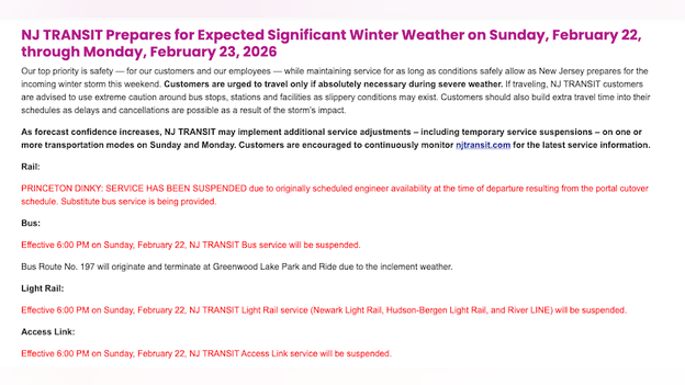NJ Transit to suspend all bus and light rail service at 6 pm tonight