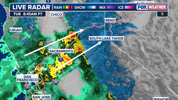 Intense snow blasting into the northern Sierra Nevada now