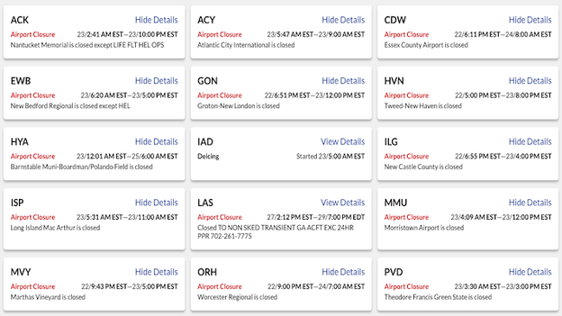 13 regional airports across the Northeast halt operations as blizzard peaks