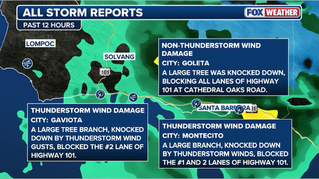 Downed trees reported on HWY 101 near Santa Barbara