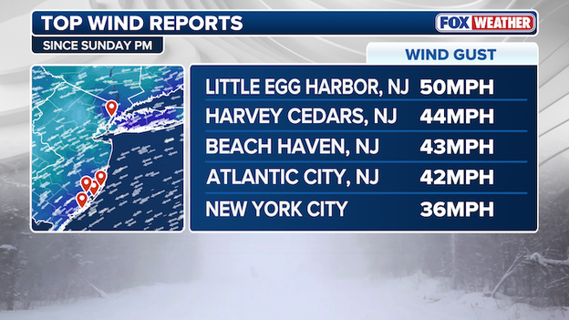 Wind gusts surge to 50 mph as nor'easter kicks into high gear