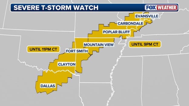Severe Thunderstorm Watch issued across parts of Texas, Oklahoma and Arkansas
