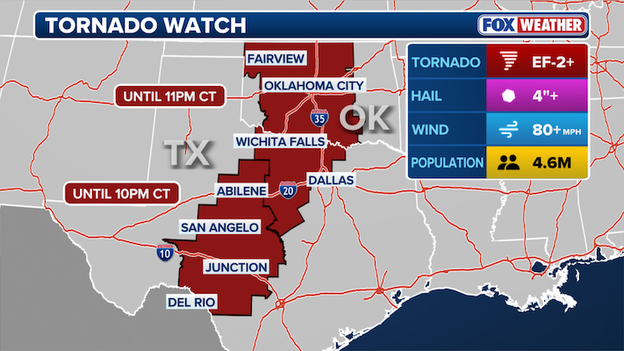 Tornado Watch issued for much of Oklahoma, North Texas