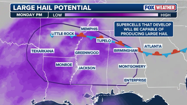 Large hail threat rises as storm cluster targets the Deep South today