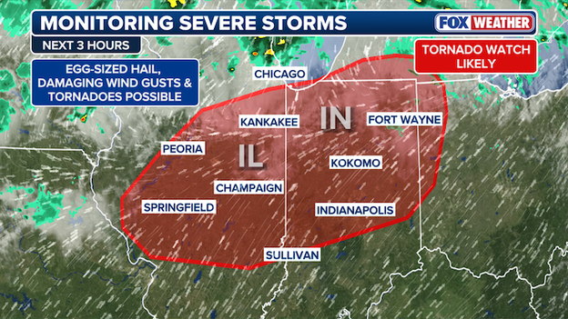 Egg-sized hail, damaging wind gusts and tornadoes eye Indiana, Illinois in the coming hours