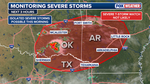 Isolated severe storms with hail possible across Oklahoma, Texas, and Arkansas this morning