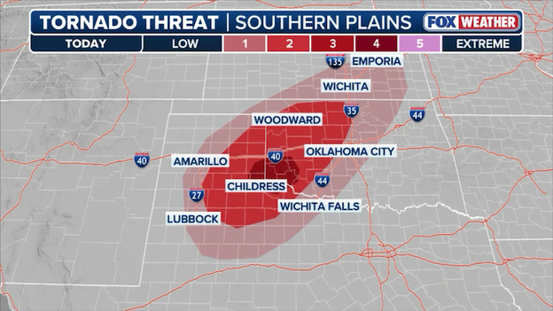 Where tornadoes are most likely to strike later today