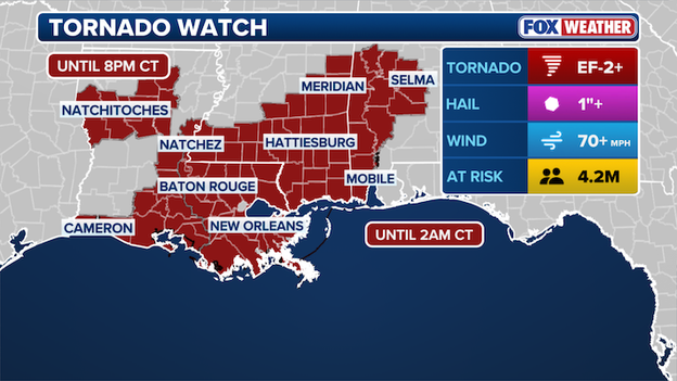 Tornado Watch issued across parts of Alabama, Louisiana and Mississippi
