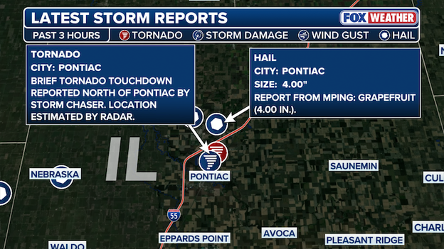 Giant hail blasts Pontiac, Illinois as brief tornado spins up