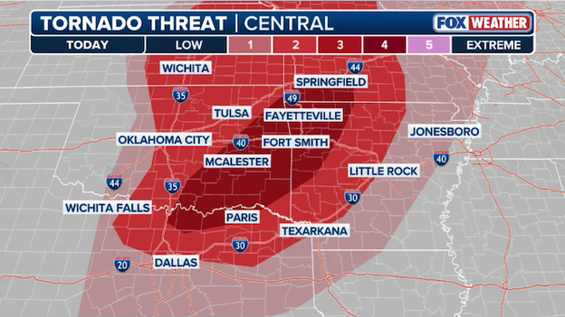 Eastern Oklahoma to southern Missouri in the bullseye for potential strong tornadoes