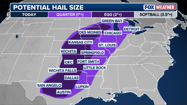 Baseball-size hail takes aim on 10 states later today