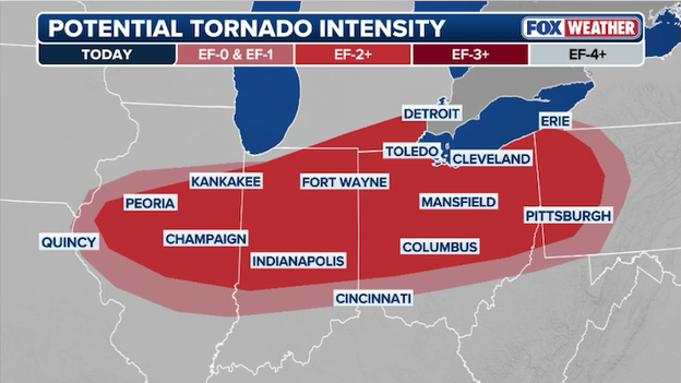 Strong tornado risk targets Illinois to Pennsylvania through this evening