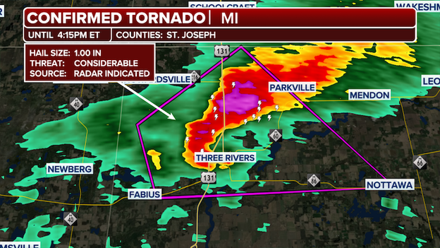 Confirmed tornado spinning near Three Rivers, Michigan