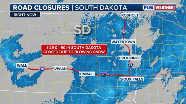 South Dakota shuts down I-90 and I-29 as blizzard creates zero visibility