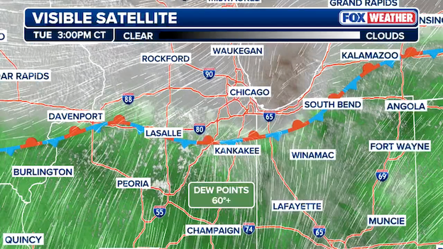 Battle zone developing as lake-cooled air collides with warm air across Illinois