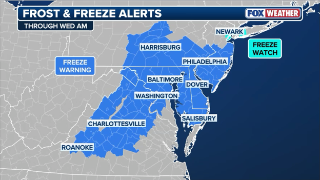 Freeze Warnings issued for Philadelphia and Washington as record cold arrives