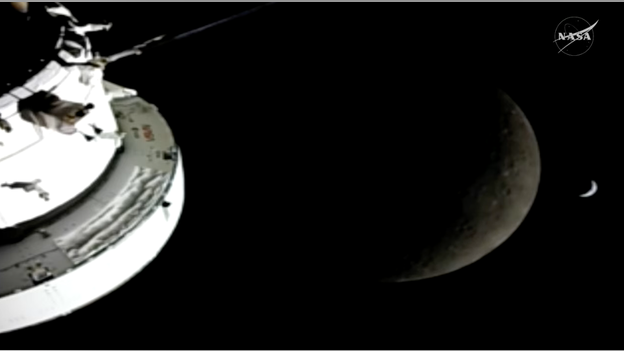 Moon and Earth both visible from the Orion spacecraft