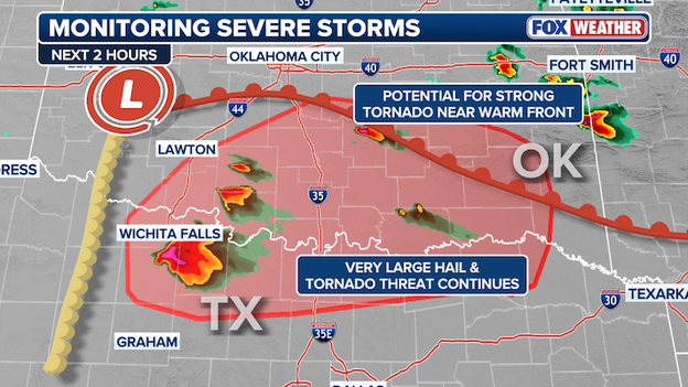 Potential for strong tornadoes increasing as storms interact with warm front