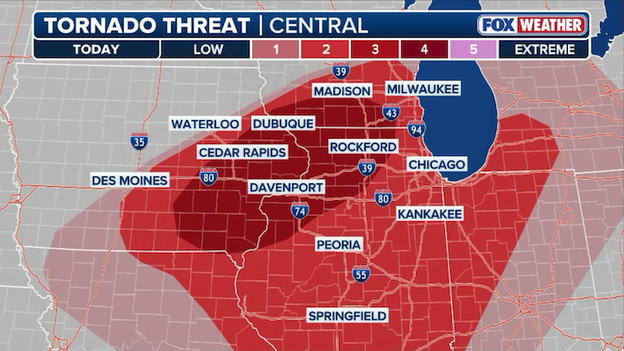 Highest tornado threat targets eastern Iowa and northern Illinois today