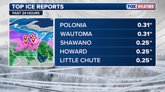 Ice builds up on power lines and trees as freezing rain targets central Wisconsin