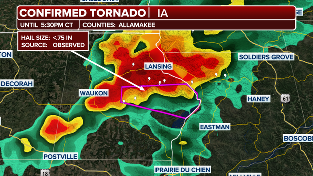 Radar-confirmed tornado moves through rural northeast Iowa