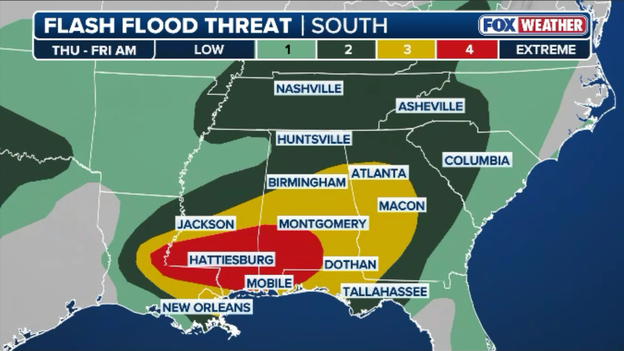 Weather Prediction Center expands rare Level 4 high risk flood threat deeper into Southeast